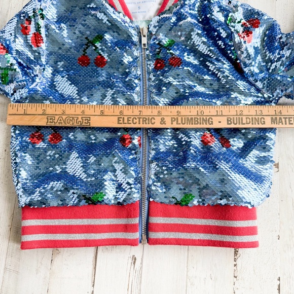 Rockets of Awesome Sequin Cherry Bomber Jacket Girls Size 5 Blue Red Sparkly - Picture 16 of 16
